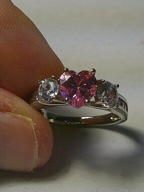 925 Sterling Silver Pink Topaz Diamond Heart Ring Size 7 - SB6 D3